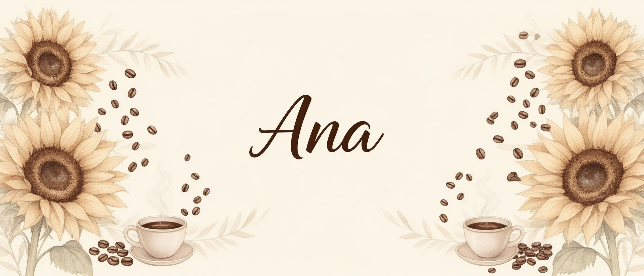 Arte gerada pela EasyArte para caneca personalizada: girassóis, grãos de café, tons de bege e marrom, com o nome Ana em destaque